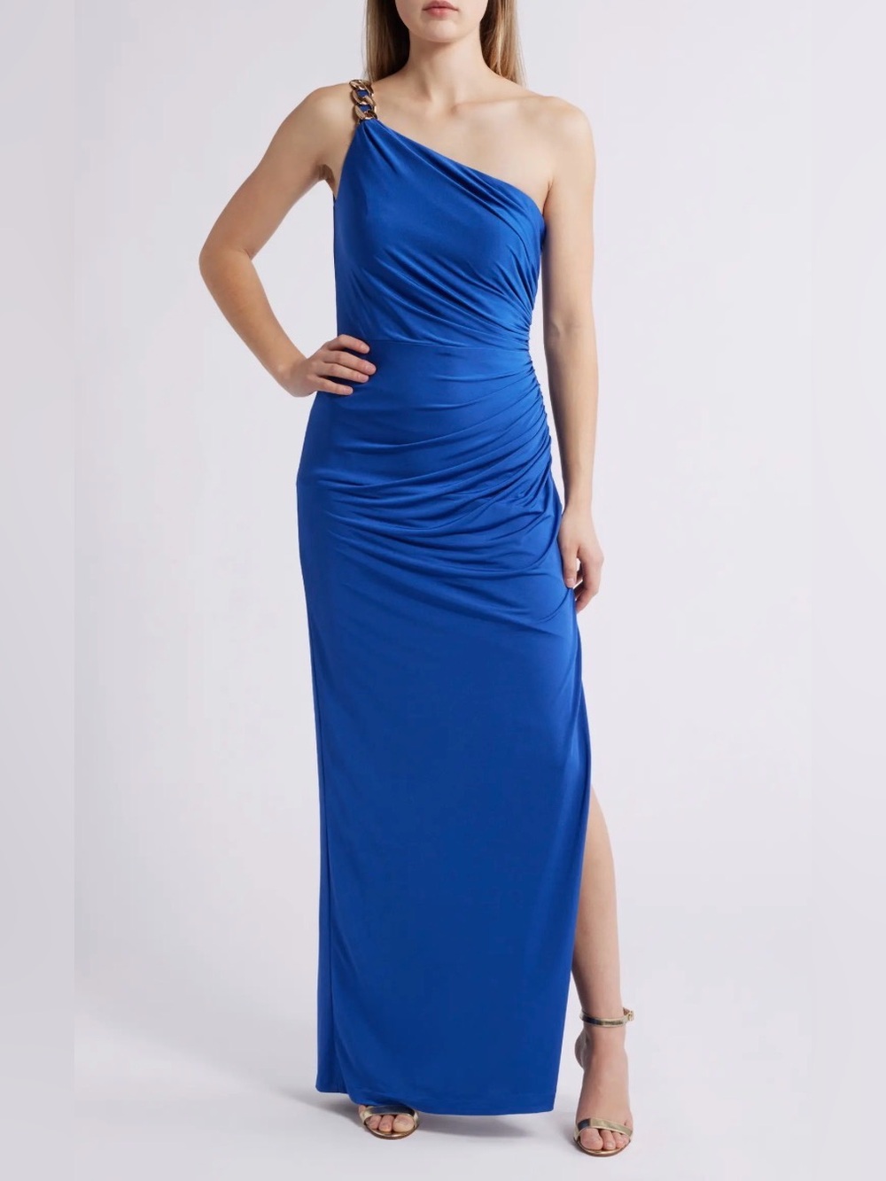 Vince Camuto Ruched Chain Detail One-Shoulder Gown in Blue Size 4